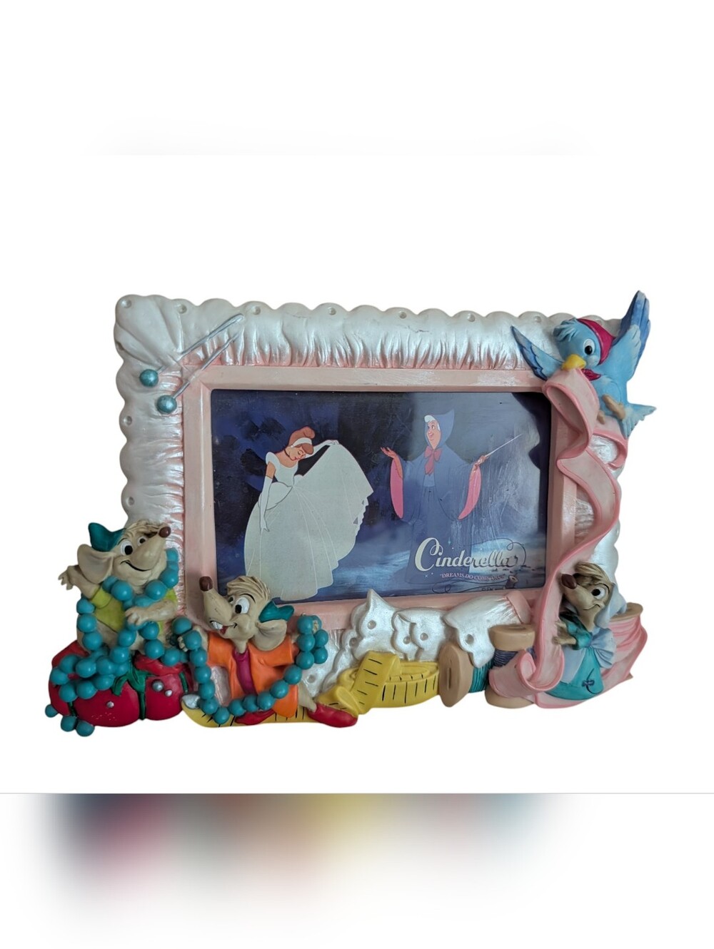 Vintage 90s Disney Store Cinderella 3D Resin Picture Frame Sewing Mice Jaq Gus